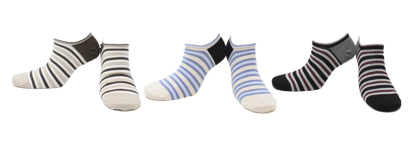 REF 39107 - Chaussettes Invisibles Homme Sans Couture Rayées Creme Beige Noir en Coton Peigné (3 paires)