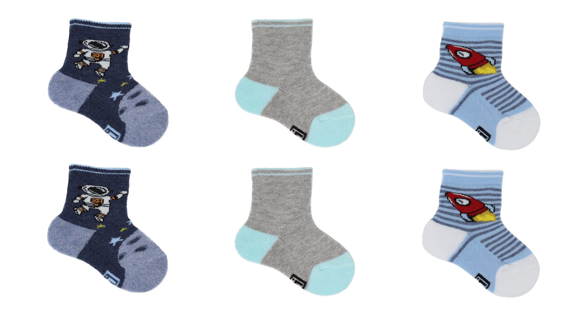 REF 39501A - Chaussettes Bébé Garçon Spationaute A Bleu Gris en Coton Peigné (6 paires)