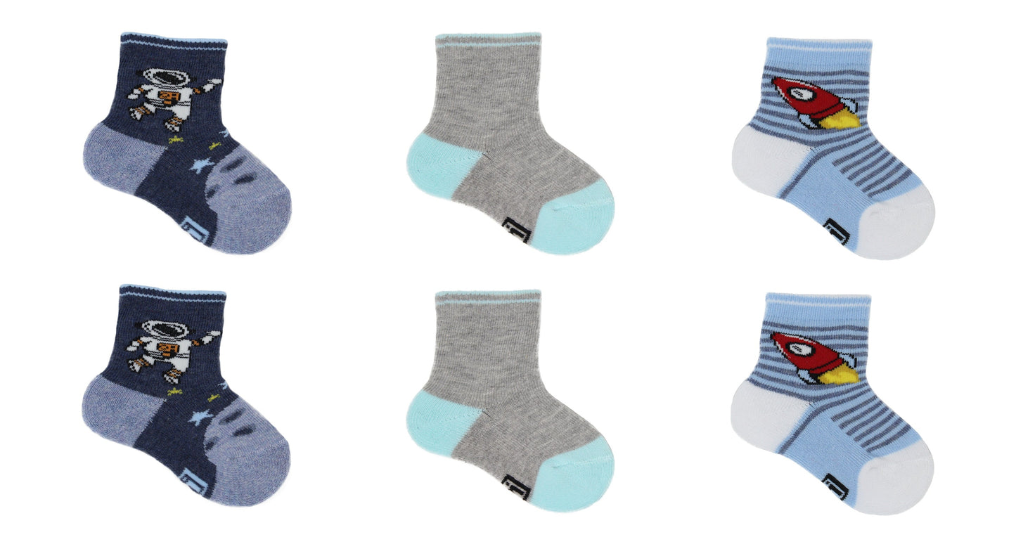 REF 39501A - Chaussettes Bébé Garçon Spationaute A Bleu Gris en Coton Peigné (6 paires)