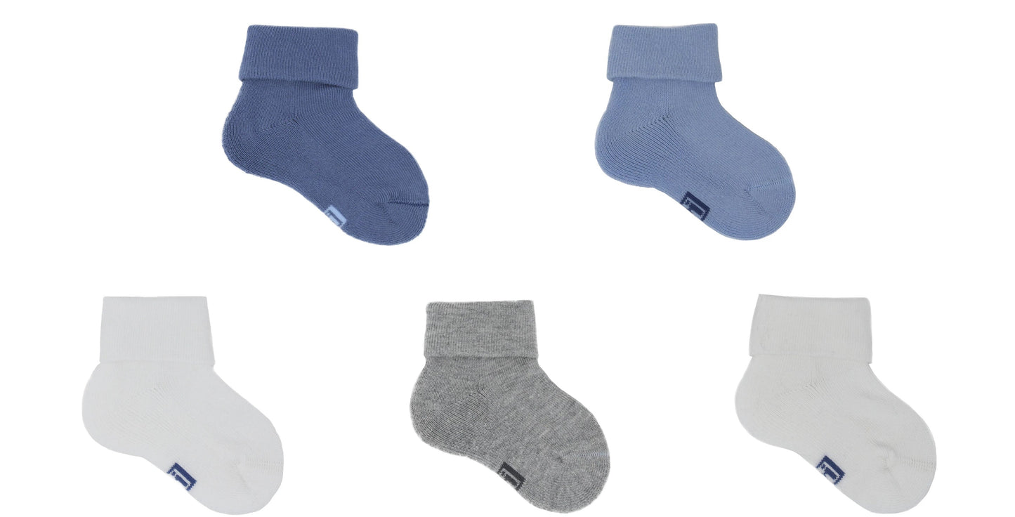 REF 39502 - Chaussettes Bébé Garçon Sans Couture Unies Bleu Blanc Beige en Coton Peigné (5 paires)