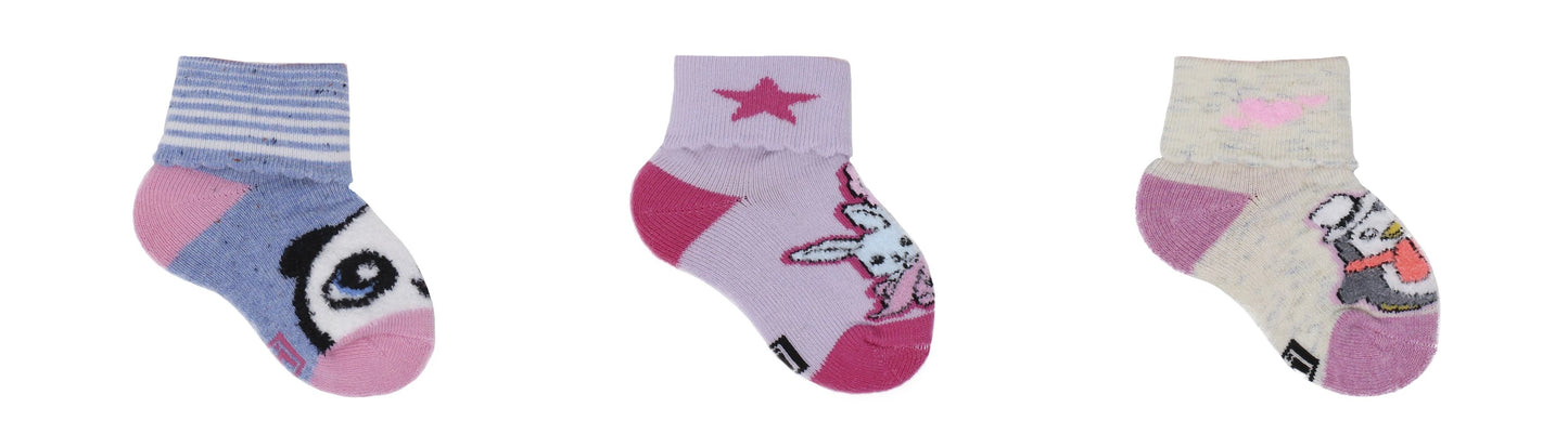 REF 39600B - Chaussettes Bébé Fille Fantaisie B Beige Bleu Lilas en Coton Peigné (3 paires)