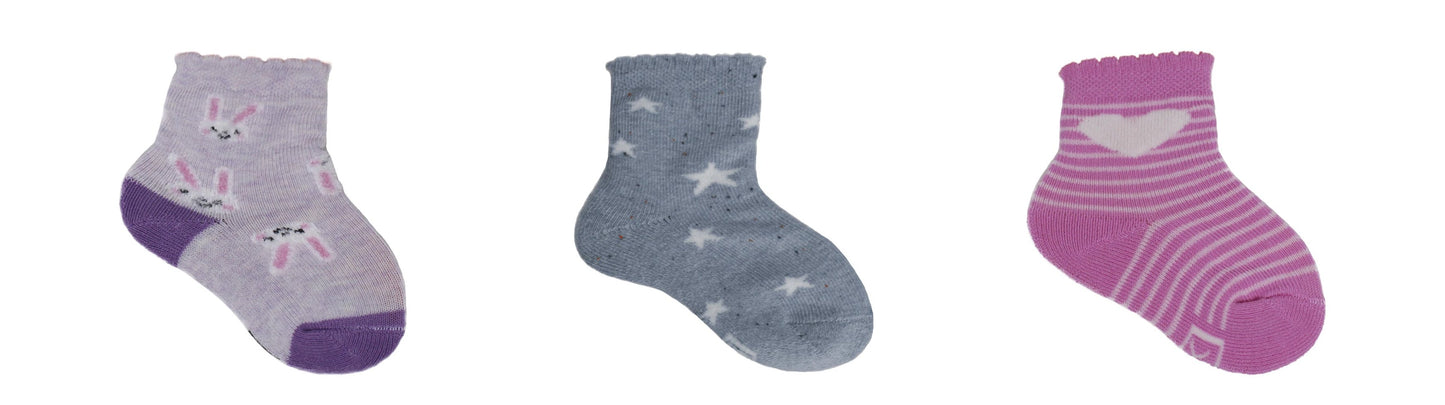 REF 39601D - Chaussettes Bébé Fille Fantaisie Rose Lilas Bleu Gris en Coton Peigné (3 paires)
