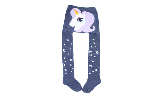 REF 39408B - Collant Fille 4D Licorne Gris Bleu en Coton Peigné