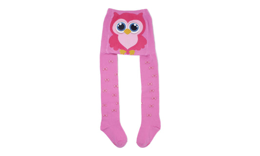 REF 39408F - Collant Fille 4D Hibou Rose en Coton Peigné