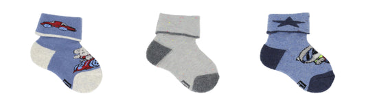 REF 39500A - Chaussettes Bébé Garçon Fantaisie Bleu Beige en Coton Peigné (3 paires)