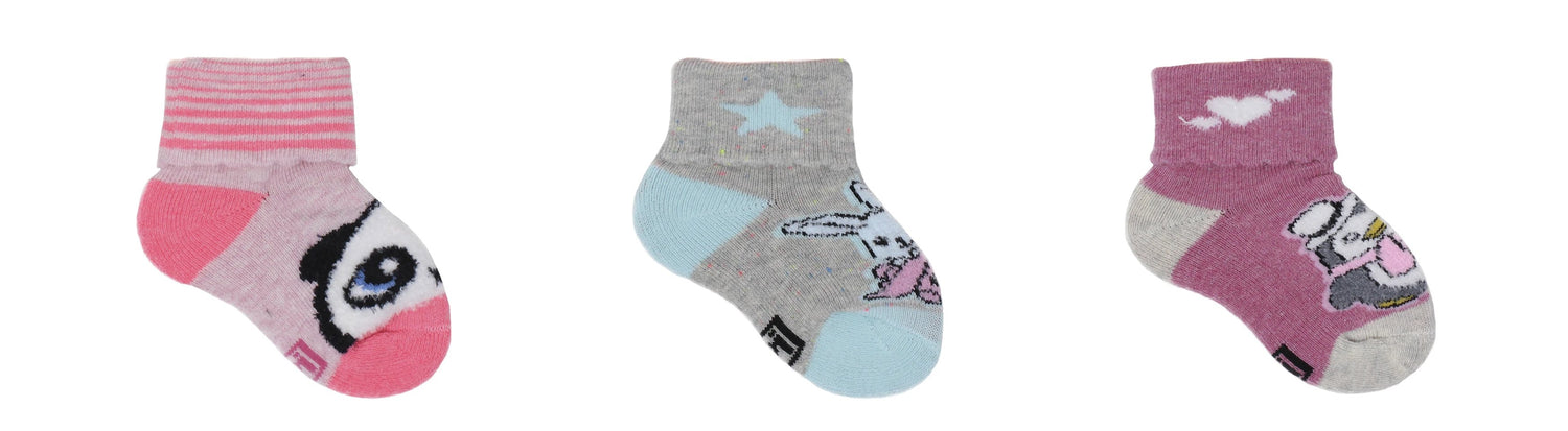 REF 39600A - Chaussettes Bébé Fille Fantaisie A Rose Gris en Coton Peigné (3 paires)