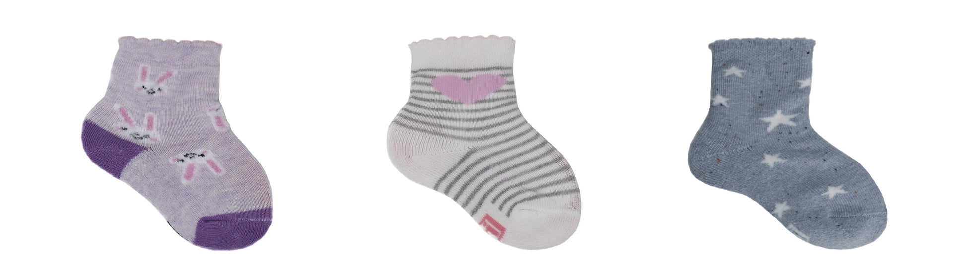 REF 39601A - Chaussettes Bébé Fille Fantaisie Blanc Lilas Bleu Gris en Coton Peigné (3 paires)