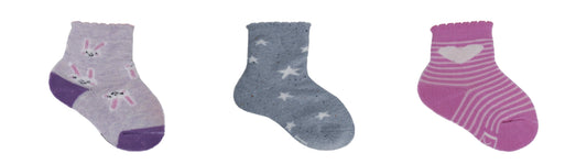 REF 39601D - Chaussettes Bébé Fille Fantaisie Rose Lilas Bleu Gris en Coton Peigné (3 paires)